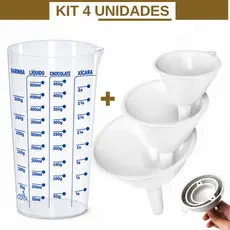 Kit 1/4 Funil Plástico Copo Graduado Medidor Dosador Transparente 500 ml Bico Receitas Culinária