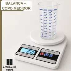 Kit 1/2 Balança Digital Alta Precisão até 10kg e Copo Medidor Dosador Cozinha Alimentos Confeitaria