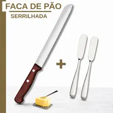Faca de Pão e 2 Espátulas ou 1 Faca de Pão INOX Serrilhada Cabo Madeira para Cozinha Restaurante