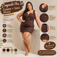 Conjunto Feminino Colete Invertido e Short Saia G2 Crepe Premium Casual Plus Size