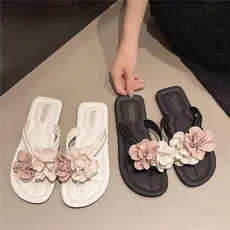 🔥 Chinelo Antiderrapante 🔥 Estilo Coreano Flor Aplicada Chinelo de Praia Feminino Sentindo Chinelos Femininos Verão Ex