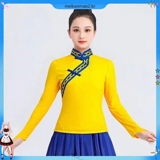Traje de dança mongol topo prática feminina meio comprimento prática meio comprimento grande saia balanço tibetano Eth