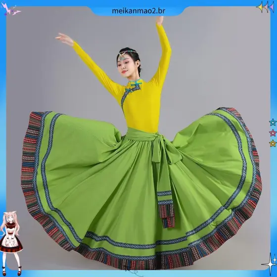 Novo estilo tibetano étnico dança terno desempenho saia longa saia de dança quadrada exame de arte grande balanço saia p