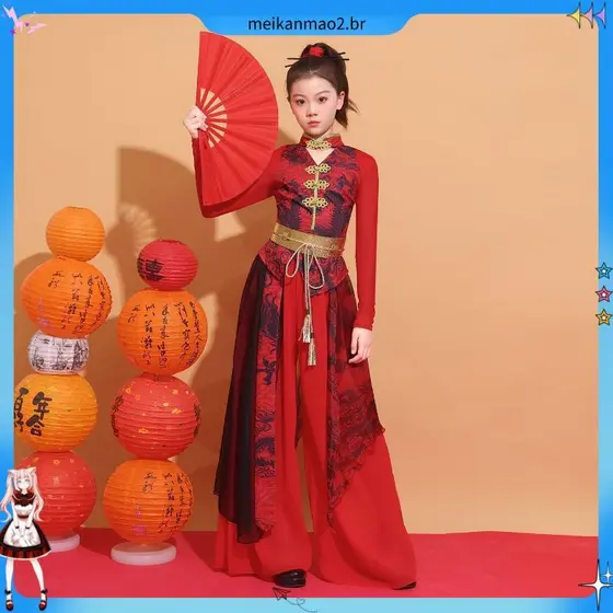 Crianças estilo chinês dança tambor desempenho traje dia de ano novo dança de rua passarela desempenho terno T Taiwan no