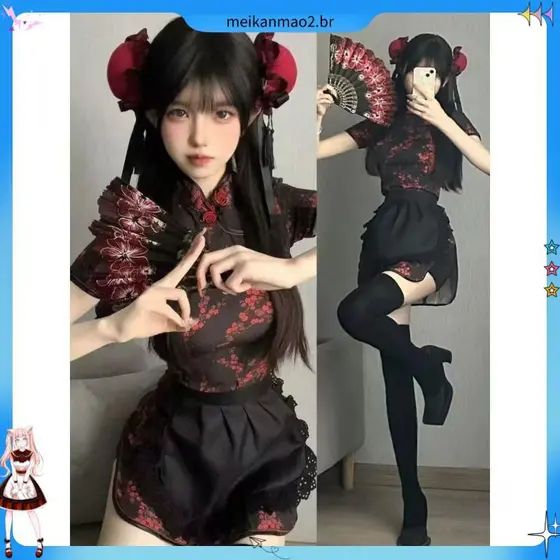 Novo chinês pequeno Chef Lolita japonês avental de empregada COS roupas novo chinês Cheongsam vestido terno