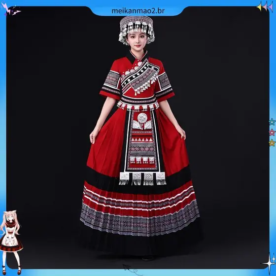 Nova minoria étnica traje feminino tradicional Miao traje étnico Guizhou Miaozhai adulto estilo longo Local F