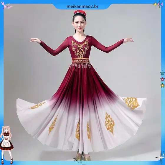 Novo traje de dança Xinjiang desempenho traje Weiwuer étnico grande balanço saia minoria étnica Wei arte étnica exame re