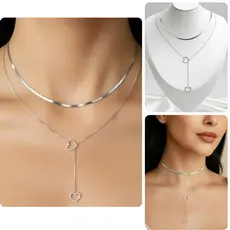 Kit Atacado Mix 2 Colares Choker Corrente Fita e Gravatinha Gravata Coração Semijoia Banhada a Prata 925 Hipoalergênico