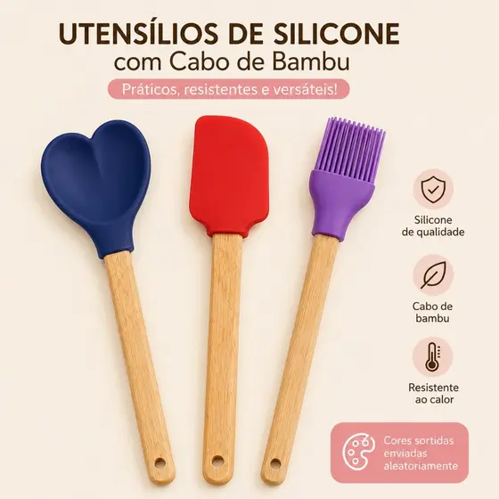 KIT 2/4 Espátulas de Silicone com Cabo de Bambu Coração, Raspador e Pincel para Cozinha, Confeitaria e Churrasco