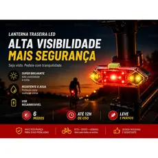 Lanterna Traseira LED Bicicleta USB Recarregável W11 6 Modos Alta Visibilidade