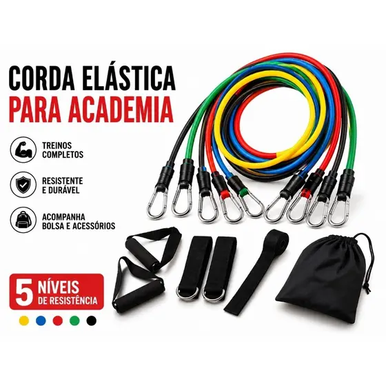 Kit Elástico Resistência Treino Musculação Academia Fitness Casa