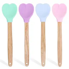 Kit 2/4 Espátulas de Silicone com Cabo de Bambu Formato Coração para Cozinha e Confeitaria