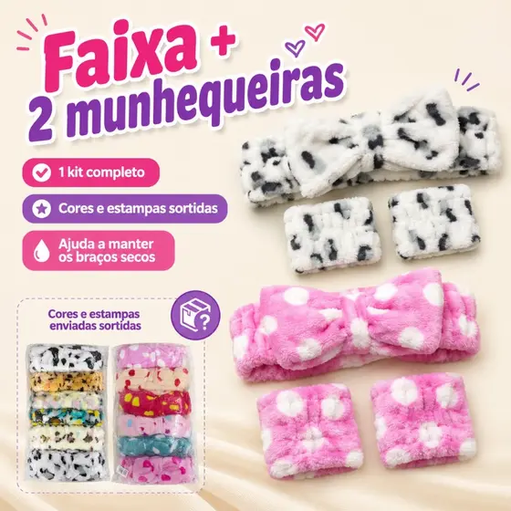 Kit Faixa de Cabelo com Laço + 2 Pulseiras Absorventes para Lavar o Rosto e Skincare