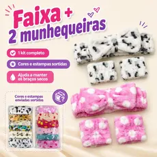 Kit Faixa de Cabelo com Laço + 2 Pulseiras Absorventes para Lavar o Rosto e Skincare