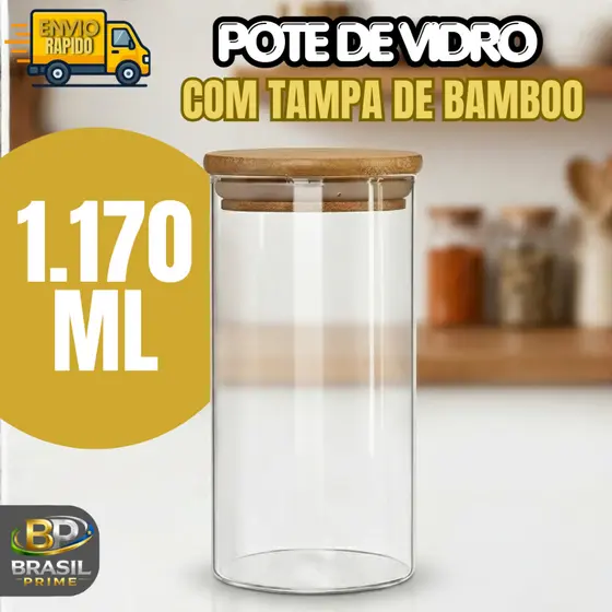 Pote de Vidro Com Tampa de Bambu Redondo 1.170 ML Para Mantimentos e Temperos | Porta Alimentos Cozinha Organizada