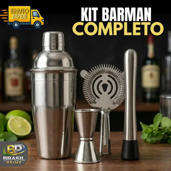 Kit Bar Man Completo Par Drinks 4 Peças: Coqueteleira 500 ML + Socador Multiuso + Dosador 30/60 ML + Coador Strainer