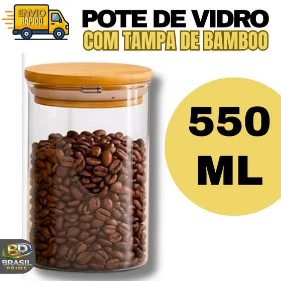 Pote de Vidro com Tampa de Bambu - 550ml, Vedação Hermética e Visual Moderno