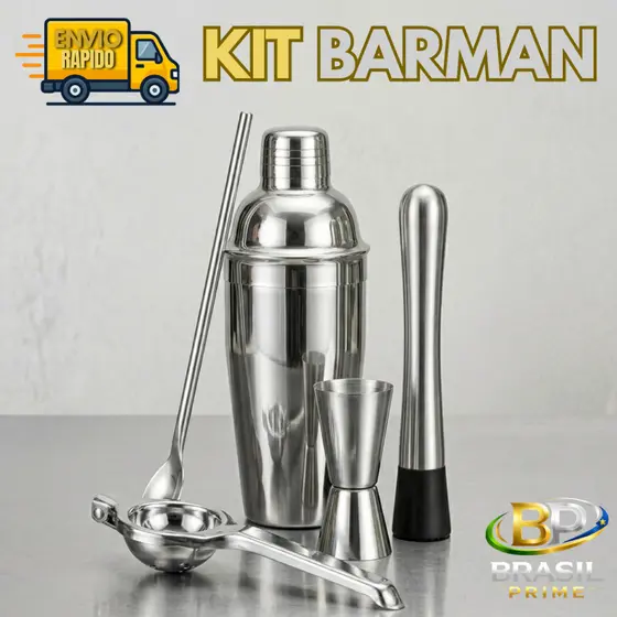 Kit 5 peças  Coqueteleira Cobbler Dosador 30/60ml Socador Espremedor Colher Para Drinks Ideal para Barman Usar Casa Bar