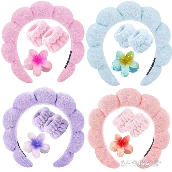 KIT 4 PCS Acessórios de Skincare Spa Feminino - Tiara Nuvem, Faixa de Pulso, Presilha de Flor LL4440A