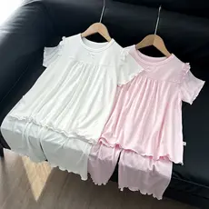 Meninas pijamas de manga curta Loungewear terno Modal primavera verão estilo fino crianças ar condicionado terno renda e