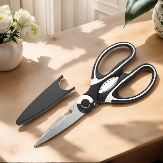 Uma tesoura de cozinha profissional de aço inoxidável, tesoura de carne com borda de dente de serra, tesoura de osso, co