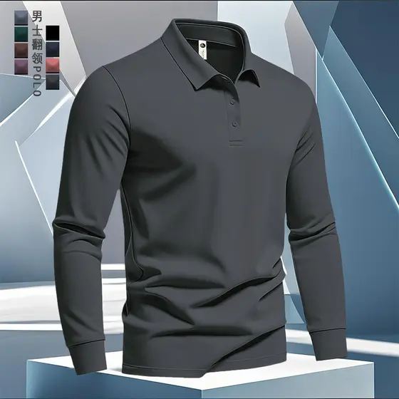 Camisa polo masculina de manga comprida outono inverno novo estilo negócios Casual cor sólida camiseta lapela negócios t