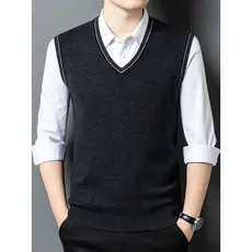 2025 outono novo estilo camisola masculina 100% lã pura meia-idade com decote em V pulôver sem mangas colete colete