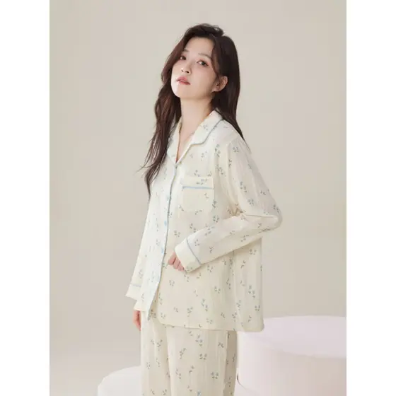 2024 novo estilo Pastoral puro algodão dupla camada gaze pijamas feminino primavera outono verão manga comprida algodão