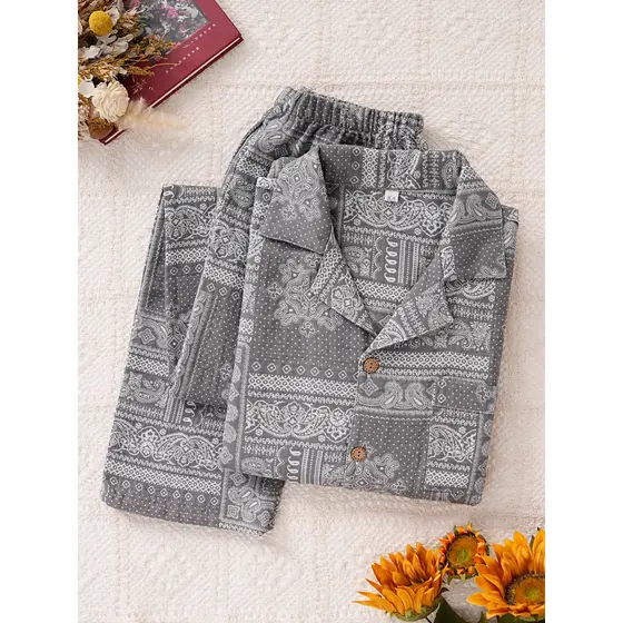 Pijama masculino tingido de algodão puro, camada dupla, gaze, manga comprida, primavera, outono inverno, estilo fino, po