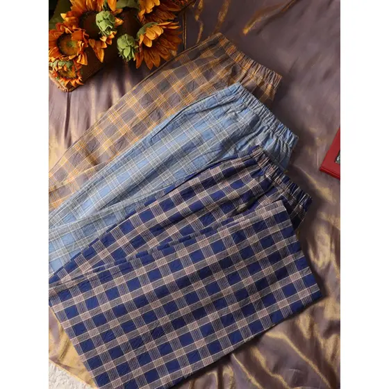 Xadrez japonês puro algodão lavável primavera outono calças de pijama masculinas pijamas estilo fino ar condicionado ver