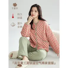 Outono inverno novo estilo engrossado três camadas acolchoado pequeno acolchoado jaqueta pijamas feminino de manga compr