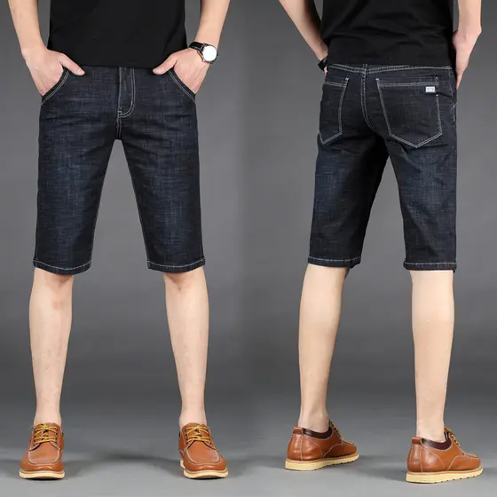 Shorts jeans masculinos finos de verão, calças elásticas casuais de cinco pontos, calças retas soltas, calças médias de