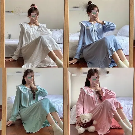 Primavera outono de manga comprida camisola feminina gola boneca bonito sobre o joelho palácio fada coreano estilo princ