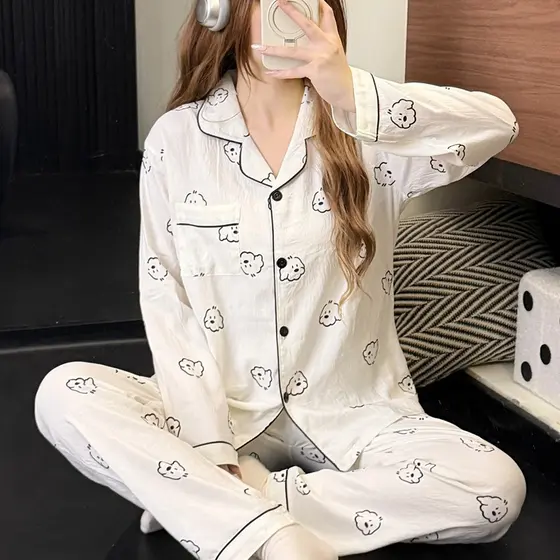 Início do outono pijamas femininos de manga comprida macio ceroso nuvem algodão bonito filhote de cachorro impressão lap
