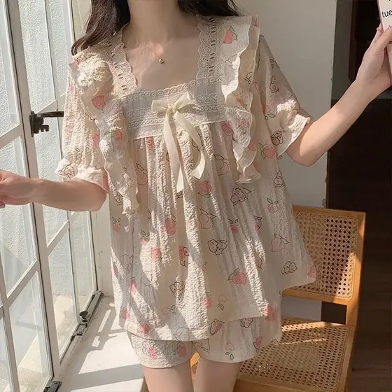 Princesa estilo bolha algodão pijamas feminino manga curta pescoço quadrado renda guarnição verão bonito menina solto te