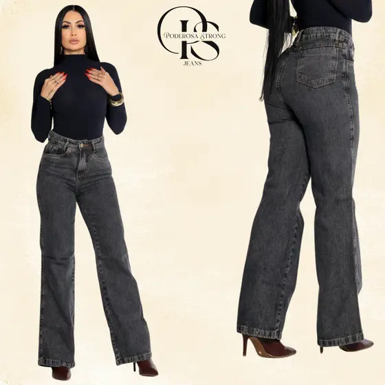 Calça Jeans Feminina Wide Leg Cintura Alta Premium Pantalona Moda Tendência Confortável Lavagem Grafite e Azul