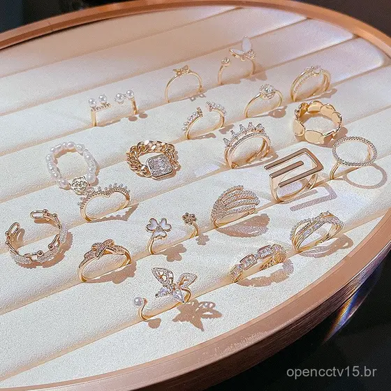 Anel aberto minimalista coreano e japonês com pérolas e zircônia para mulheres, estilo moderno, anel retrô popular, anel