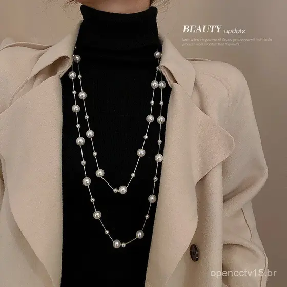 Colar de pérolas extra longo de moda coreana, novo acessório elegante para suéter de outono e inverno, colar único e est