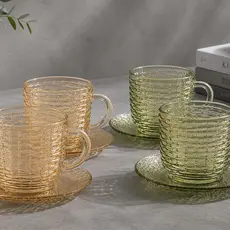 Jogo 6 Xícaras Para Chá De Vidro Com Pires Âmbar E Verde Hauskraft Rattan 240ml