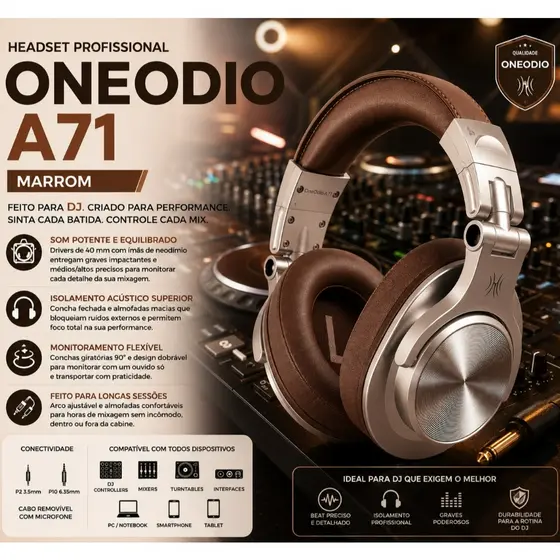 Fone OneOdio A71 Profissional Monitor Estúdio DJ Microfone Conector Duplo P2 P10 6.35mm 3.5mm Podcast PC Celular