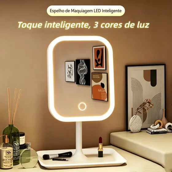 Espelho LED de Mesa com Bandeja Porta Maquiagem Luz 3 Cores Ajustável Touch USB