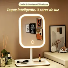 Espelho LED de Mesa com Bandeja Porta Maquiagem Luz 3 Cores Ajustável Touch USB