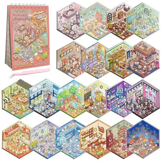 Caderno Adesivo 3D 20 Cenarios Criativo Scrapbook Diy Com Pinça Montar Comodos Diversos e 6 grande cenarios