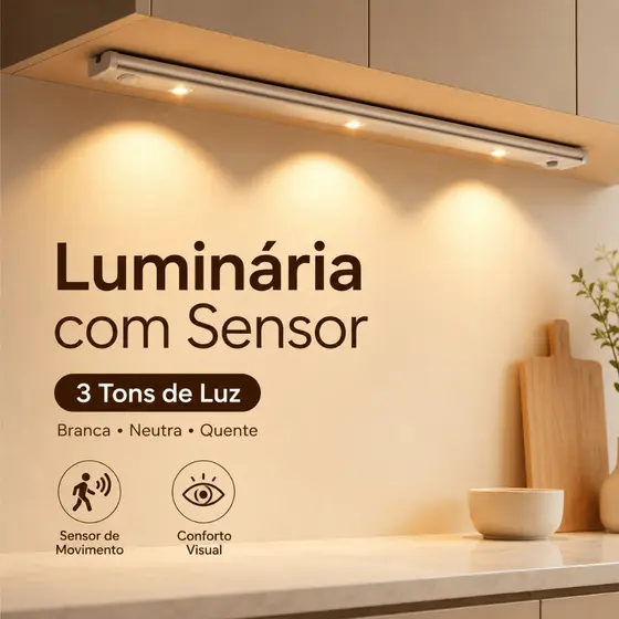 Luminária LED com Sensor de Movimento 3 Tons de Luz USB Sem Fio para Armário 40/60/80cm