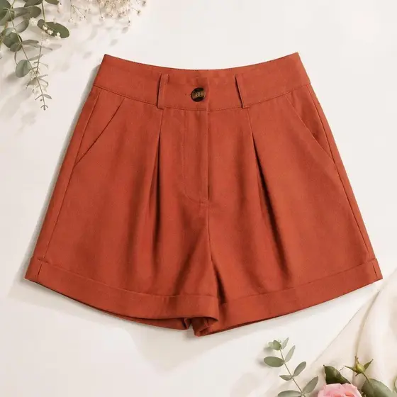 Short Feminino Linho Casual Chic Cintura Alta Com Botão Tecido Premium P M G GG