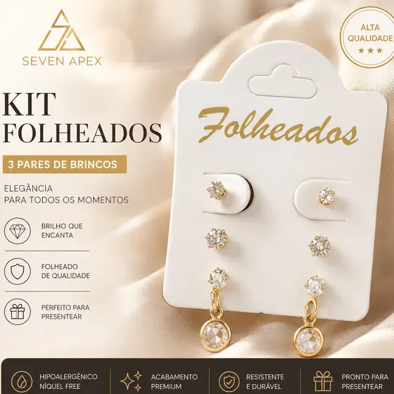 Brincos 3 Pares Femininos Folheados Ponto de Luz Zircônia Elegante