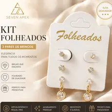 Brincos 3 Pares Femininos Folheados Ponto de Luz Zircônia Elegante