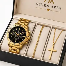Kit Relógio Masculino Dourado Luxo + Pulseira + Corrente Cruz Aço Inox Presente Premium