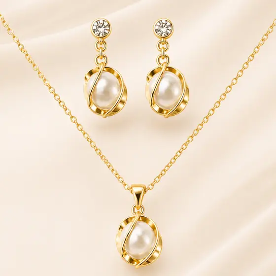 Conjunto Colar E Brinco Com Pingente de Pérola Folheado Luxo