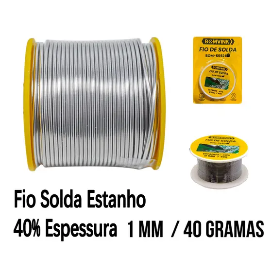 Fio de Solda Estanho 40% 1mm 40g, ideal para consertos e soldagem de aparelhos eletrônicos